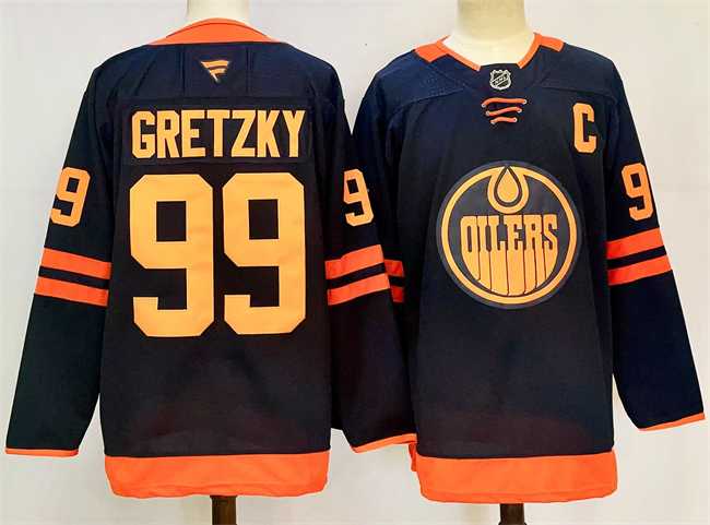 Mens Edmonton Oilers #99 Wayne Gretzky Navy 2024-25 C Patch Stitched Jersey